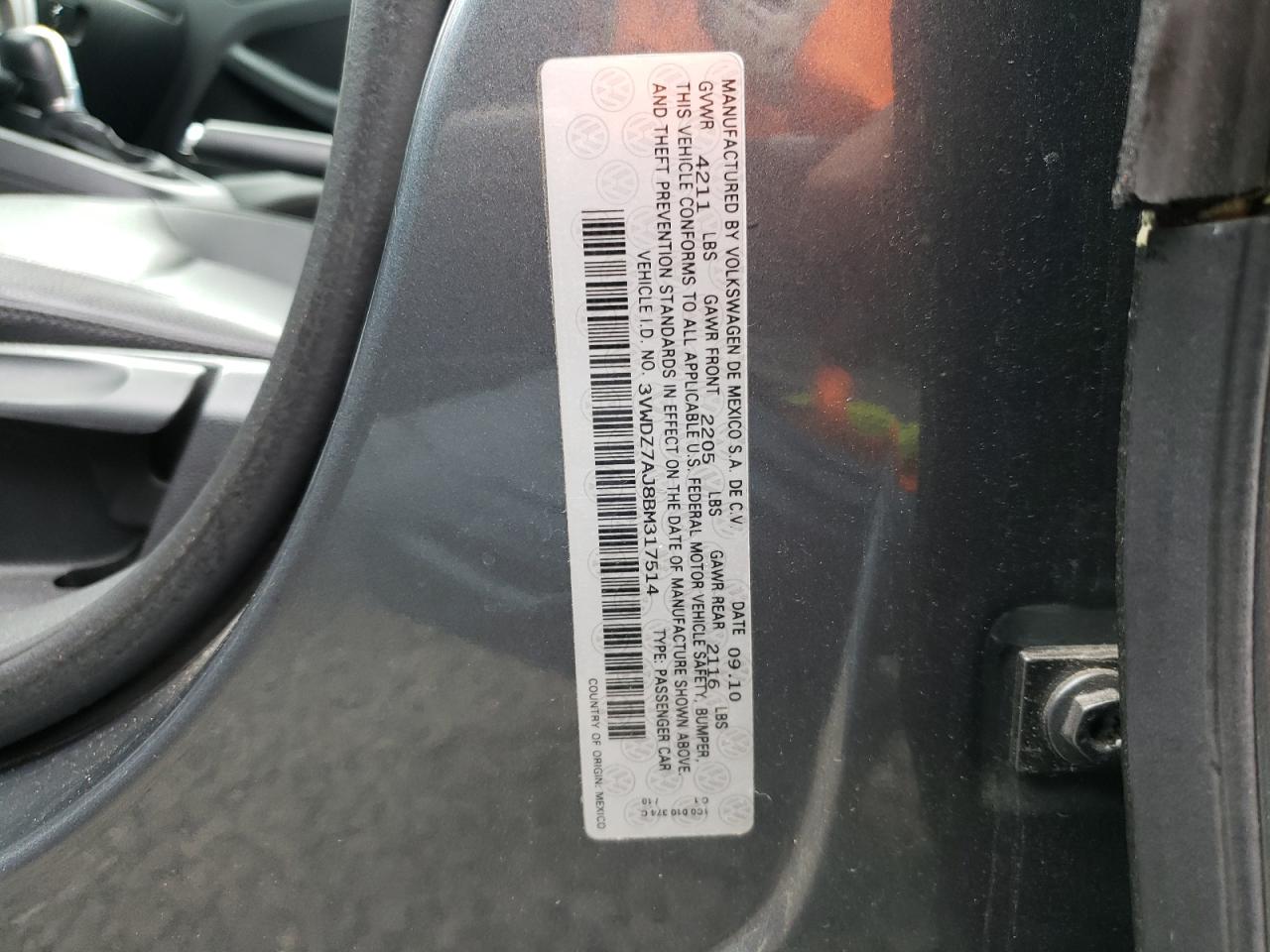 2011 Volkswagen Jetta Se VIN: 3VWDZ7AJ8BM317514 Lot: 72087204