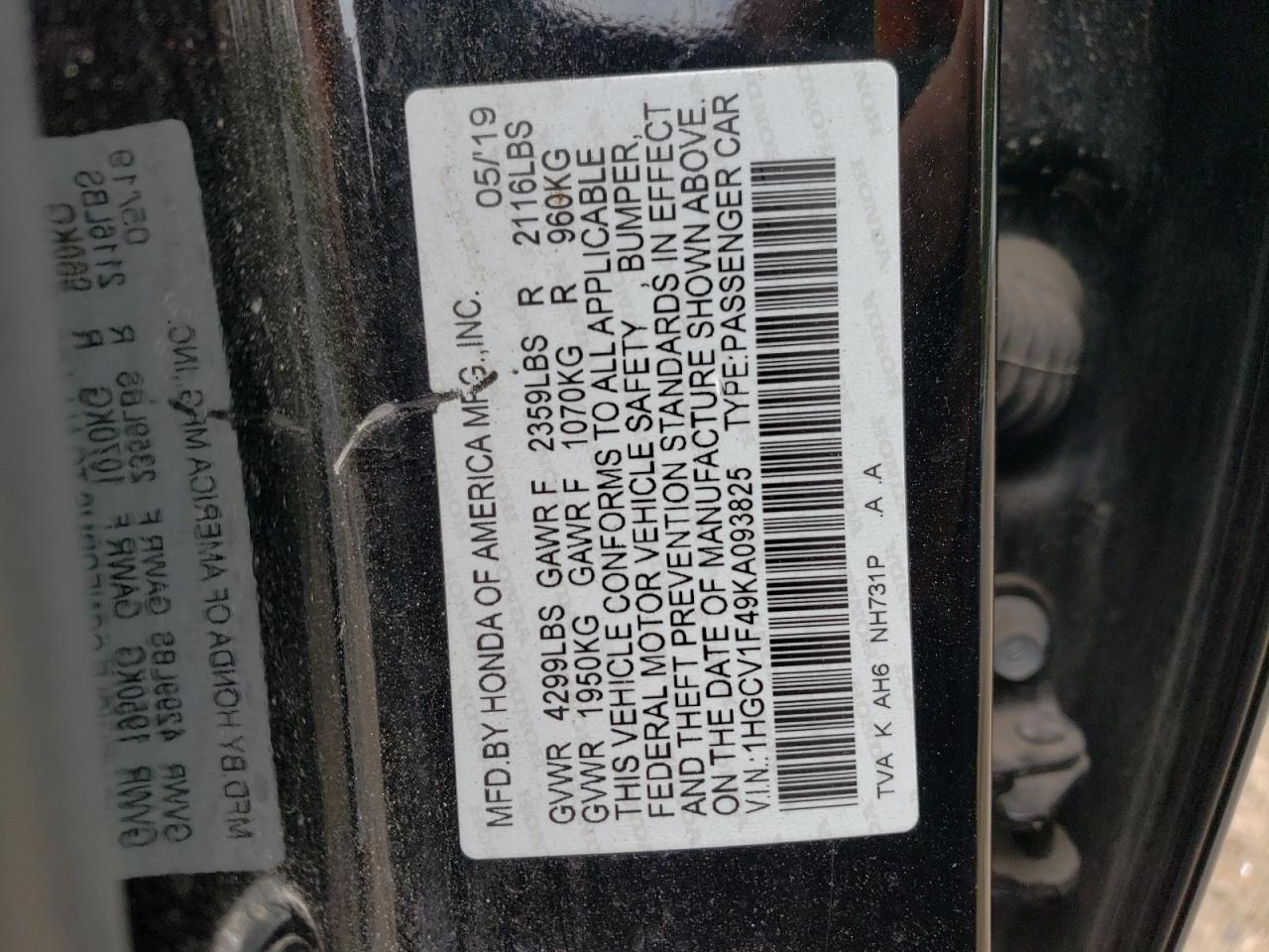 1HGCV1F49KA093825 2019 Honda Accord Ex