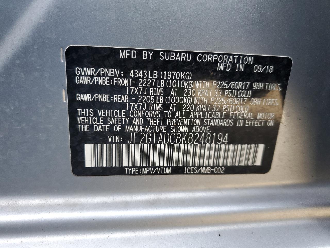 JF2GTADC8K8248194 2019 Subaru Crosstrek Premium