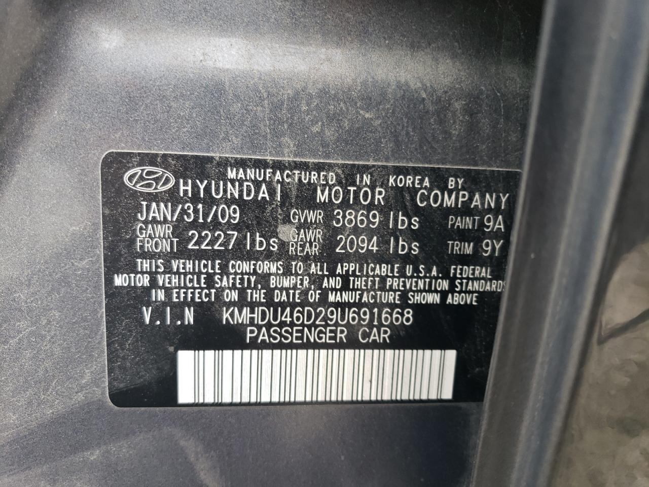 2009 Hyundai Elantra Gls VIN: KMHDU46D29U691668 Lot: 73086814