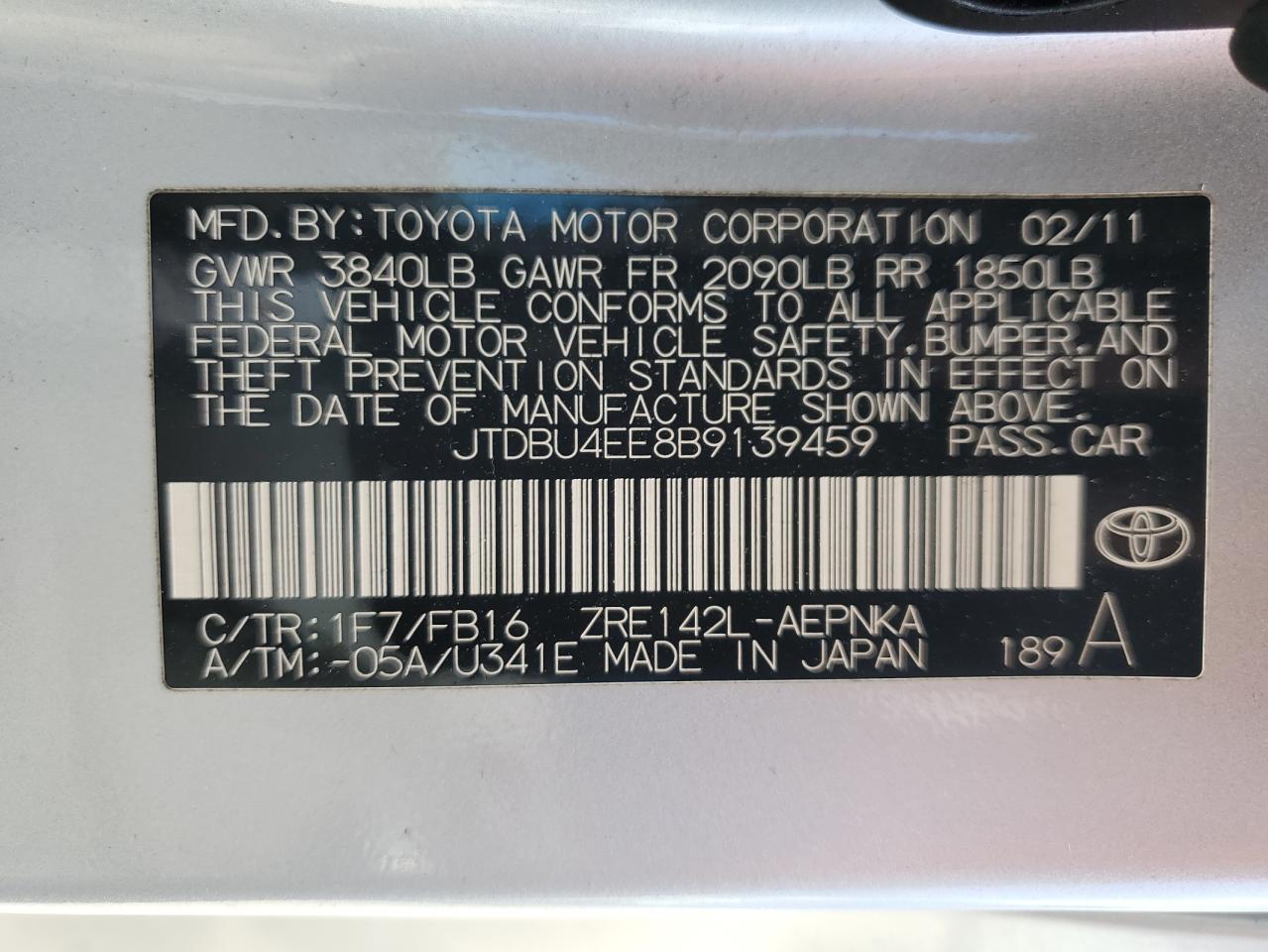 2011 Toyota Corolla Base VIN: JTDBU4EE8B9139459 Lot: 72432984