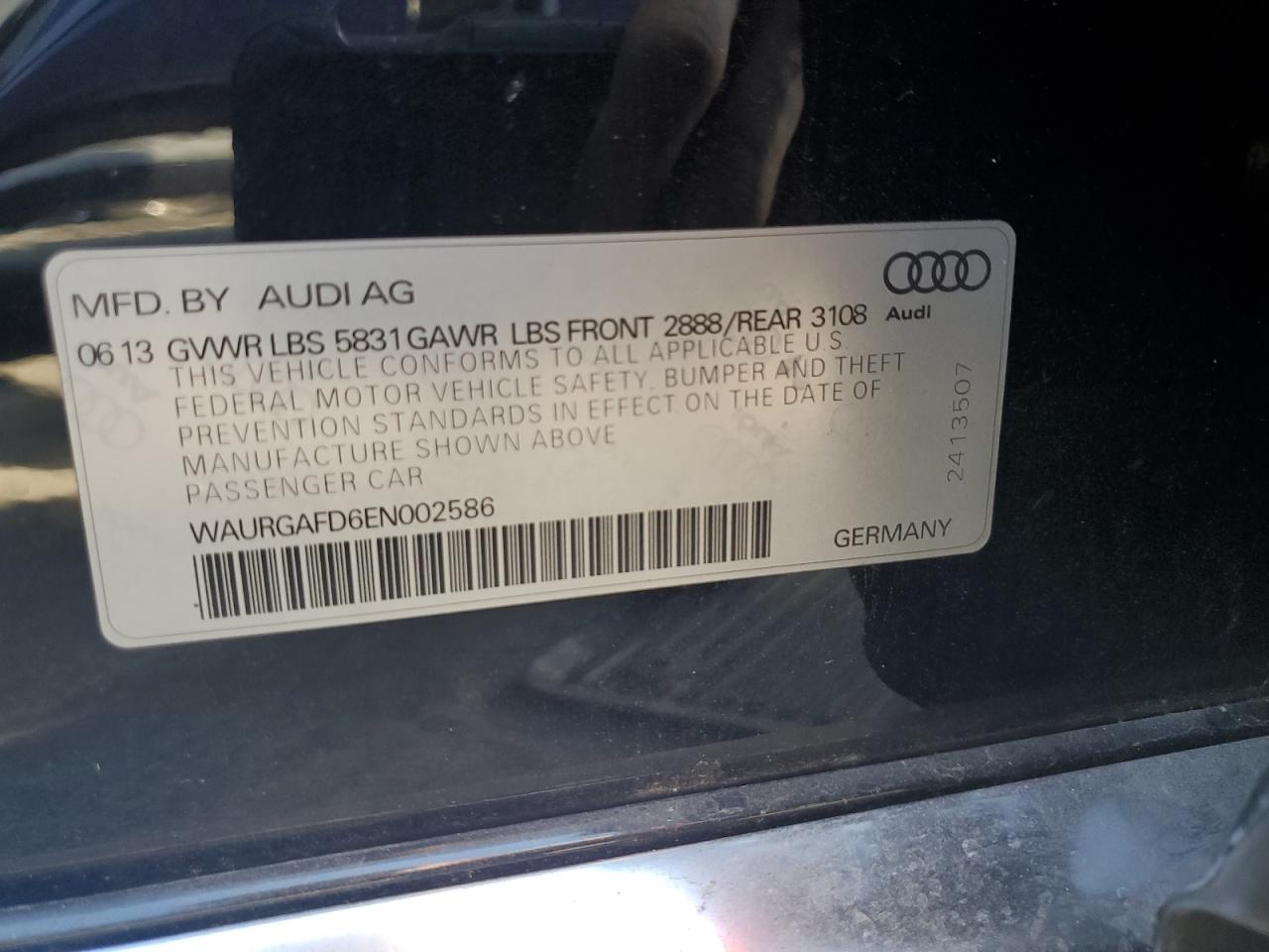 2014 Audi A8 L Quattro VIN: WAURGAFD6EN002586 Lot: 71593164