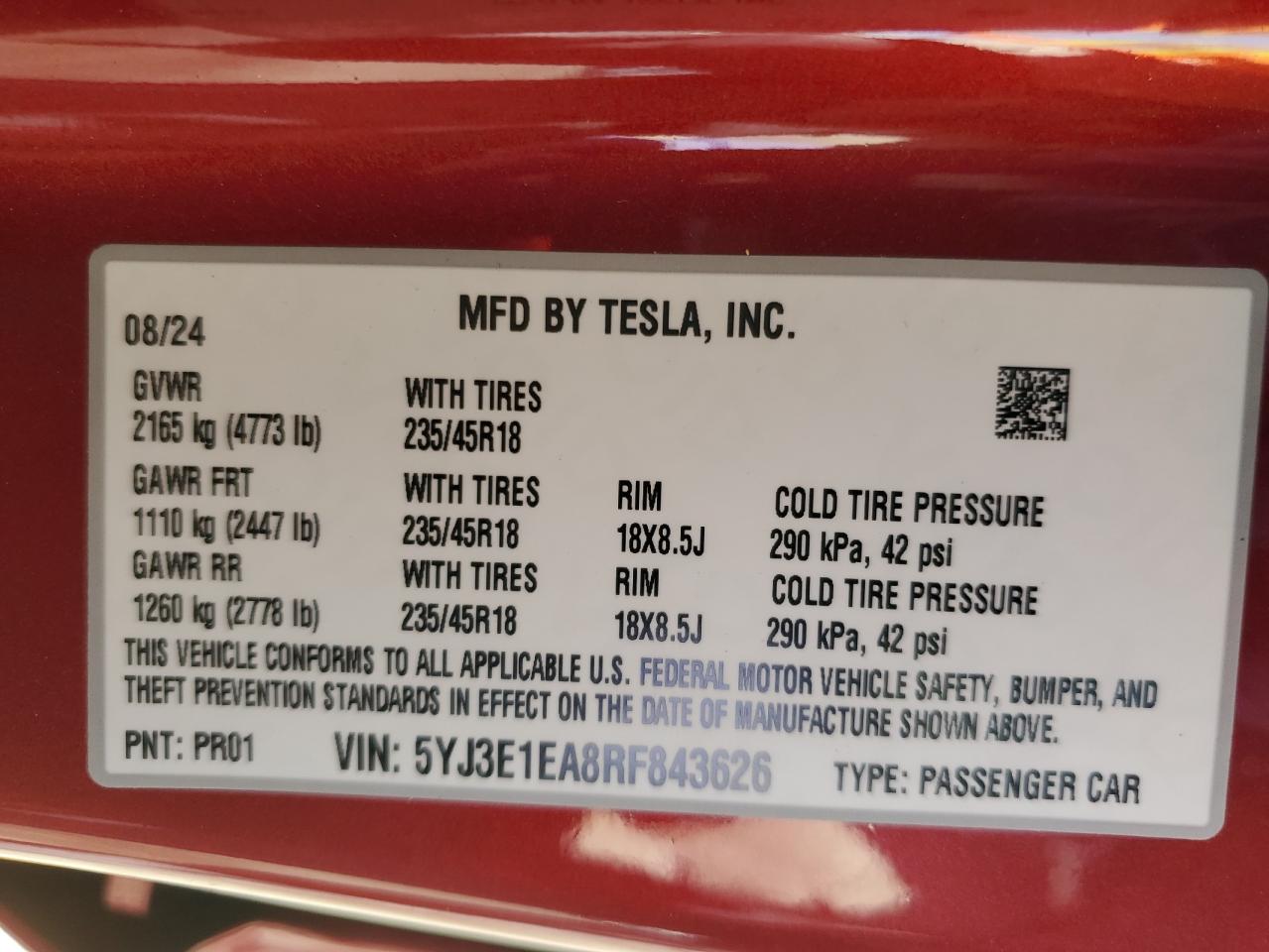 2024 Tesla Model 3 VIN: 5YJ3E1EA8RF843626 Lot: 69437994