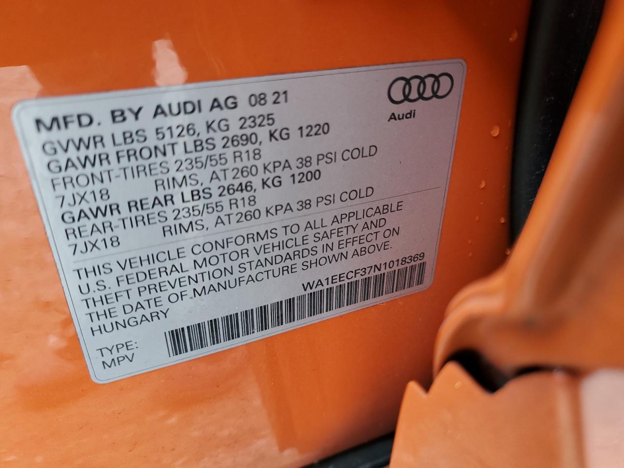 2022 Audi Q3 Premium Plus S Line 45 VIN: WA1EECF37N1018369 Lot: 72918174