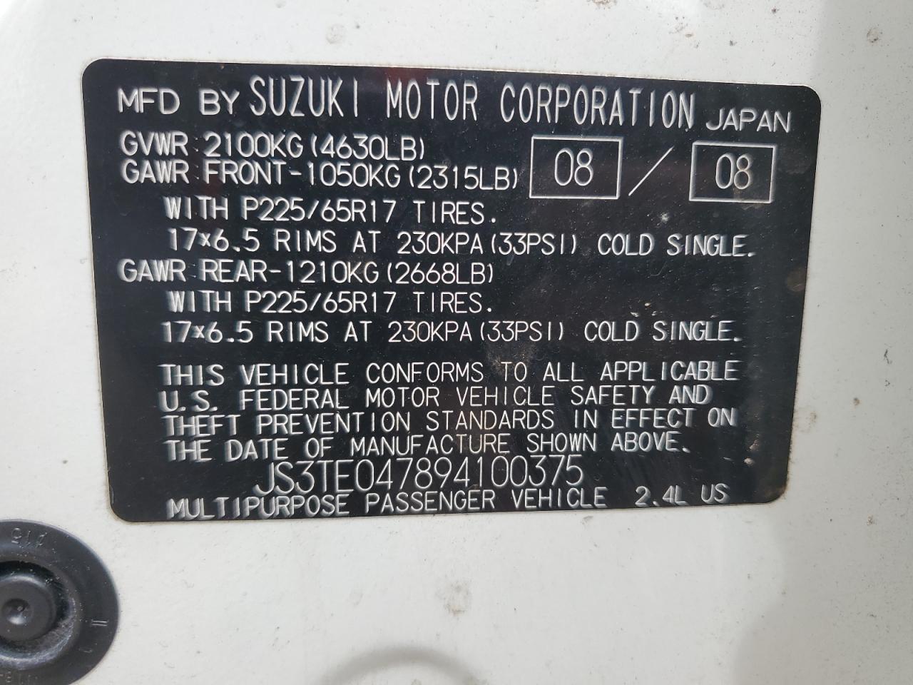 JS3TE047894100375 2009 Suzuki Grand Vitara Luxury