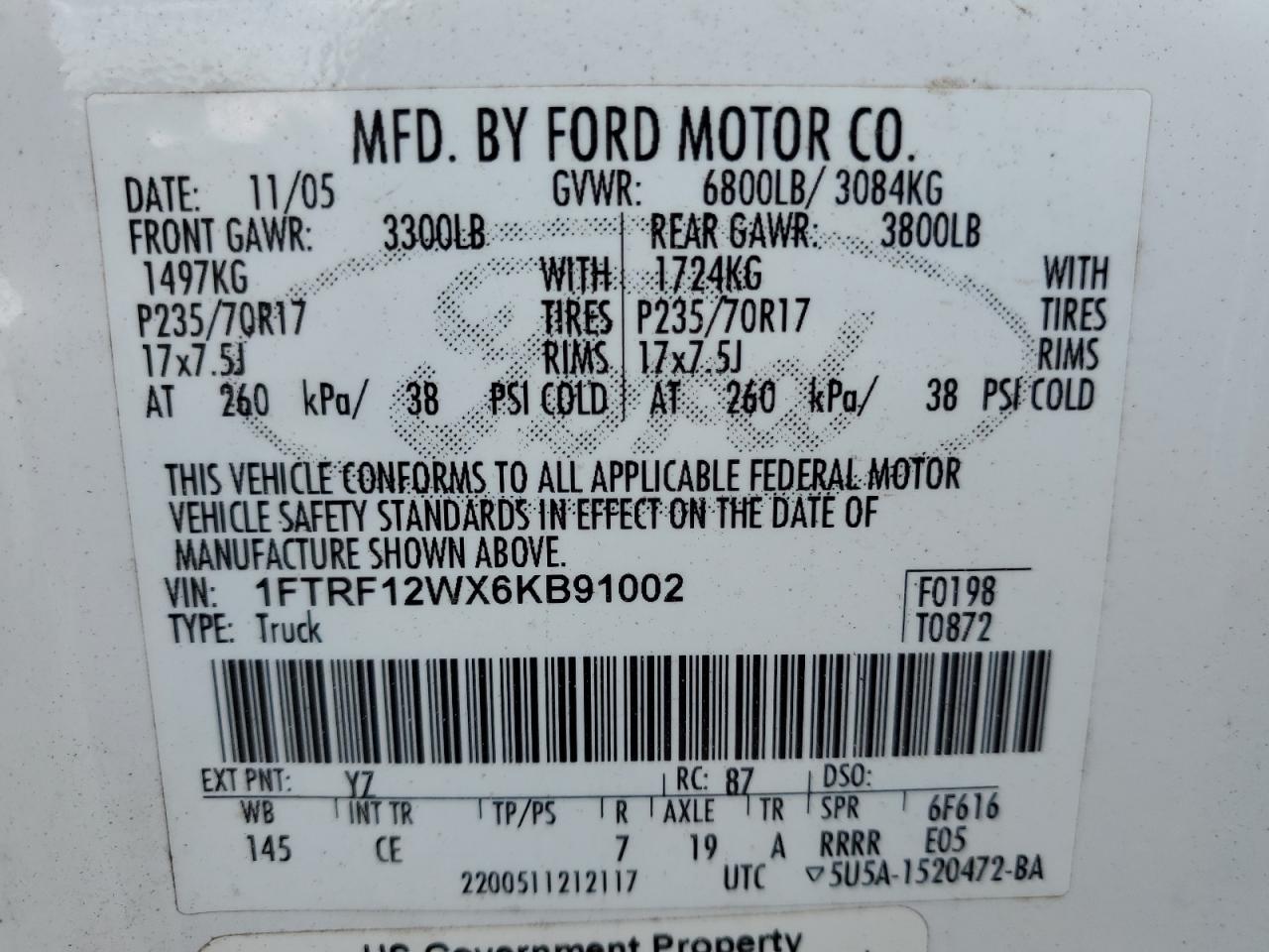 1FTRF12WX6KB91002 2006 Ford F150 1FTRF12WX6KB91002 2006 Ford F150