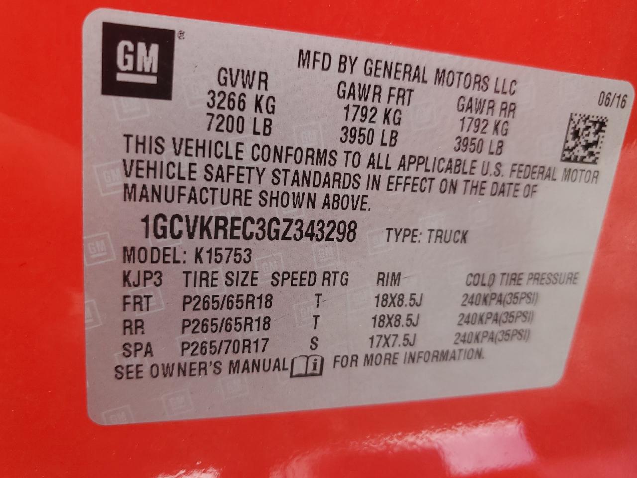 1GCVKREC3GZ343298 2016 Chevrolet Silverado K1500 Lt