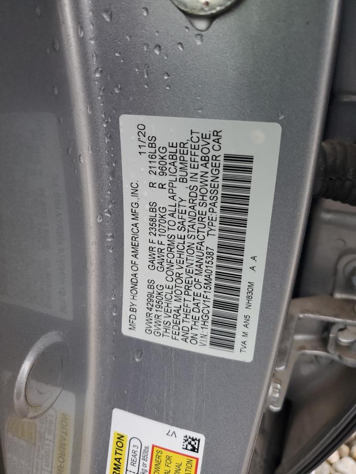 2021 Honda Accord Lx VIN: 1HGCV1F15MA015387 Lot: 71238834