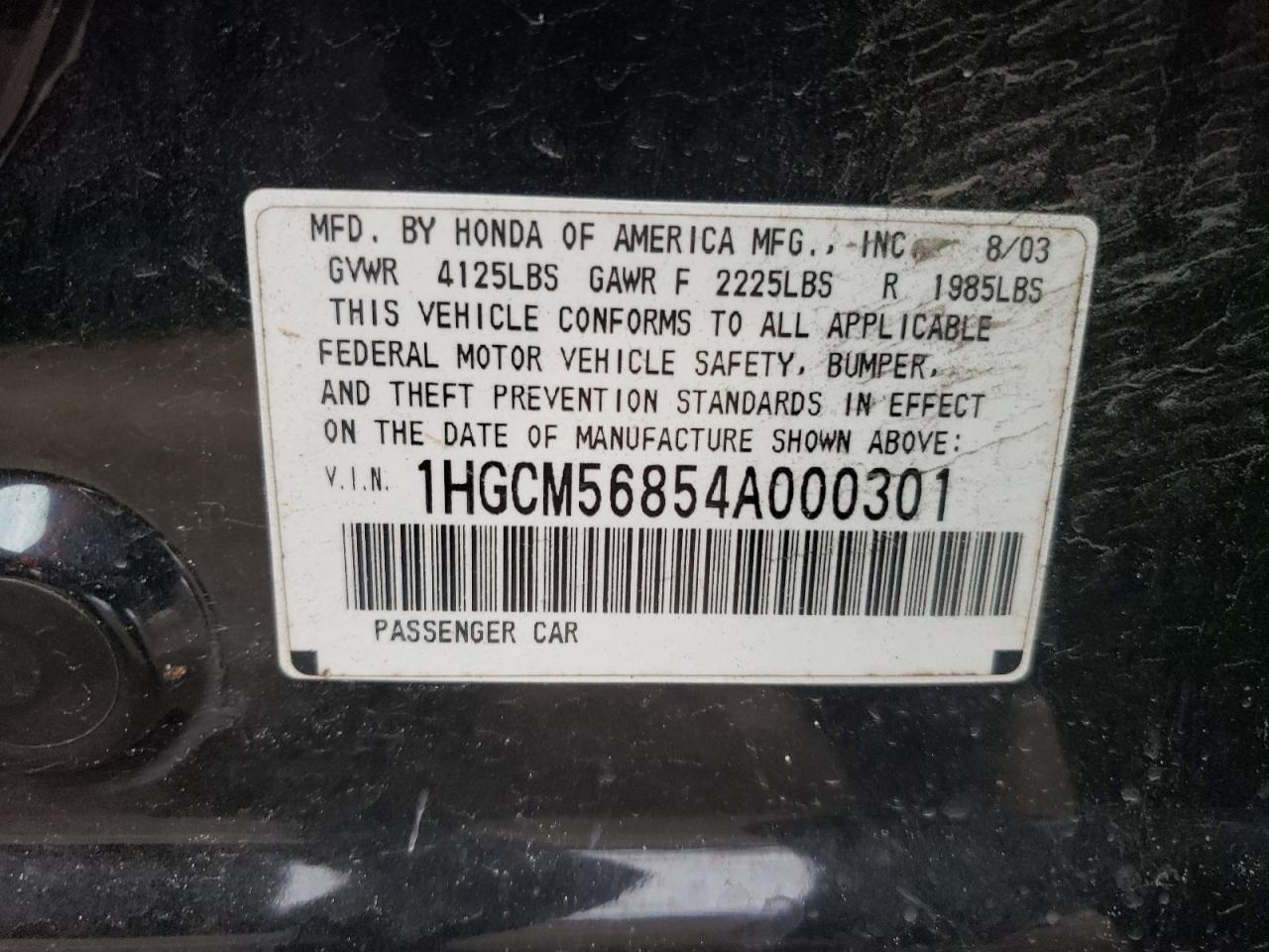 2004 Honda Accord Ex VIN: 1HGCM56854A000301 Lot: 80121184