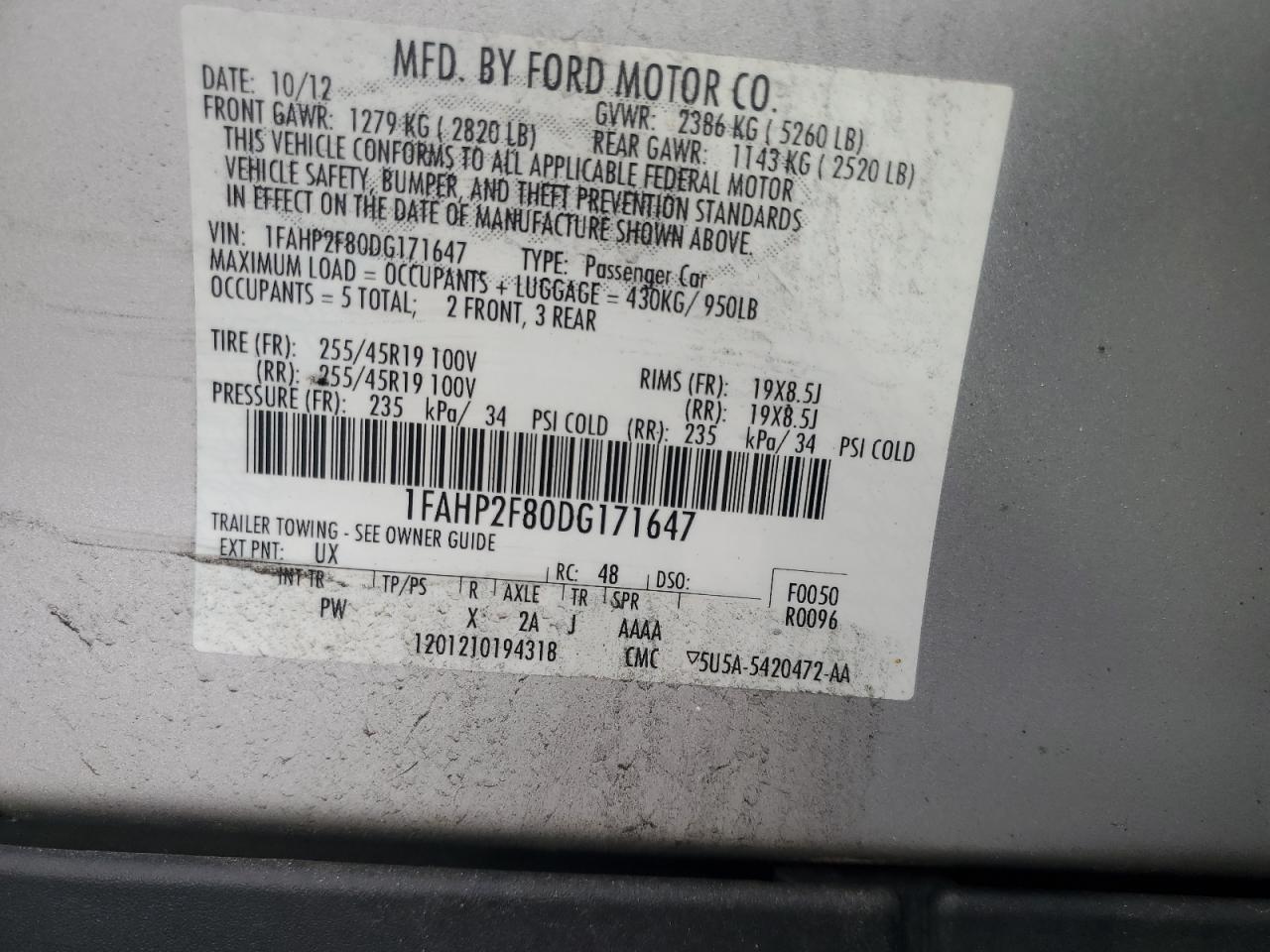 1FAHP2F80DG171647 2013 Ford Taurus Limited