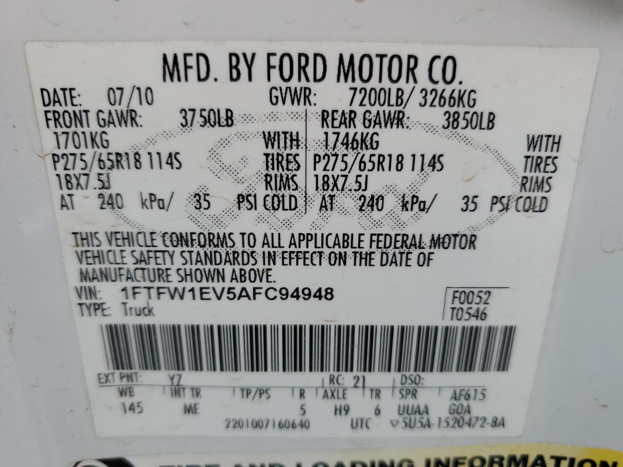 1FTFW1EV5AFC94948 2010 Ford F150 Supercrew