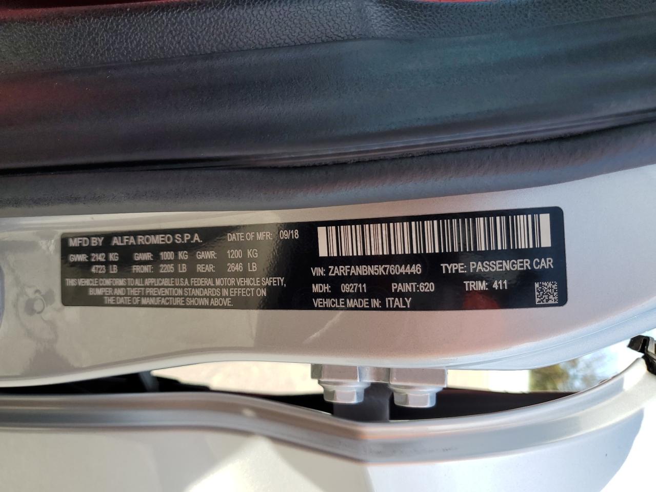 2019 Alfa Romeo Giulia Ti VIN: ZARFANBN5K7604446 Lot: 72116304