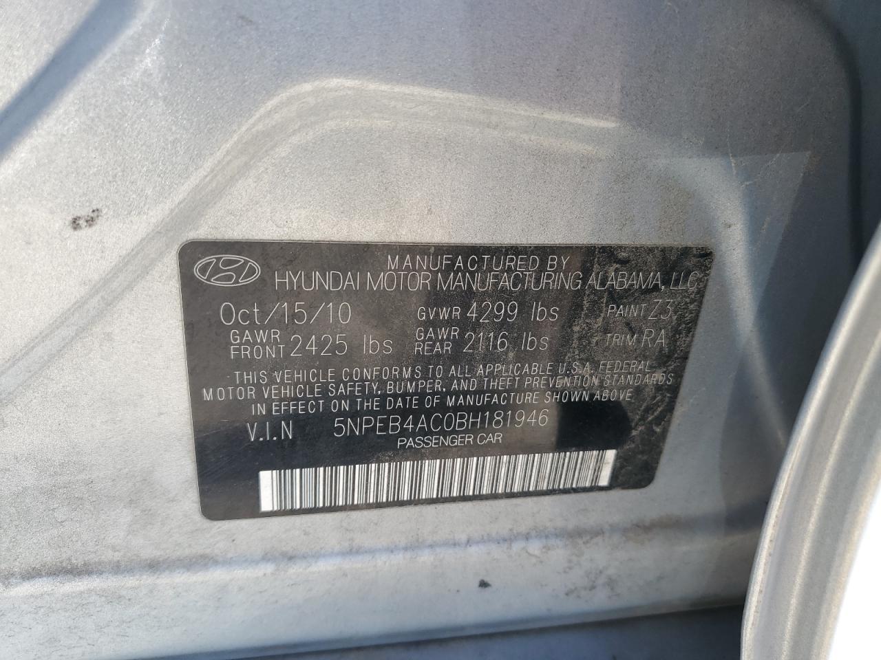 5NPEB4AC0BH181946 2011 Hyundai Sonata Gls