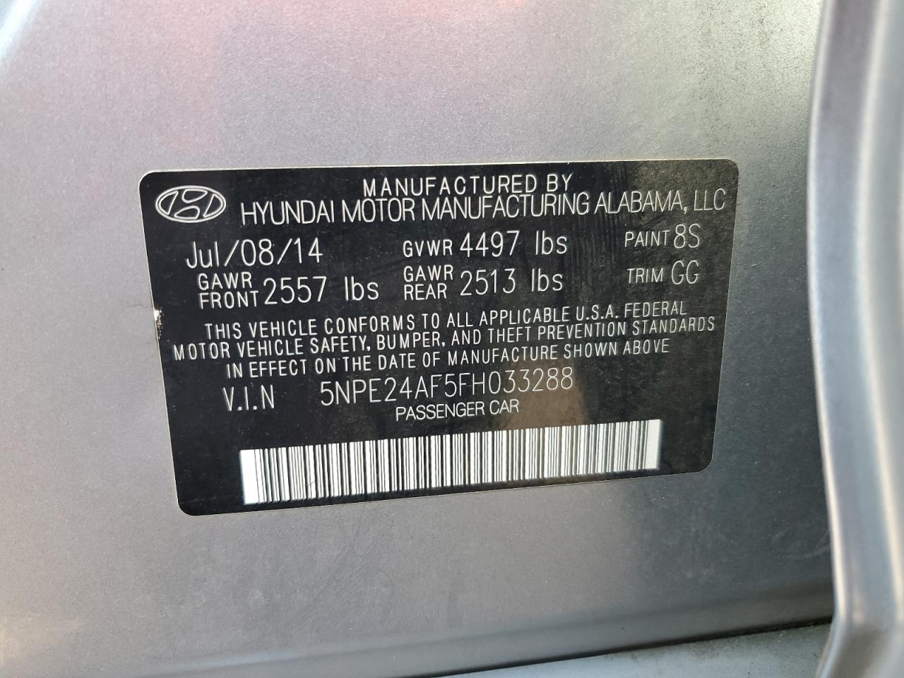 5NPE24AF5FH033288 2015 Hyundai Sonata Se