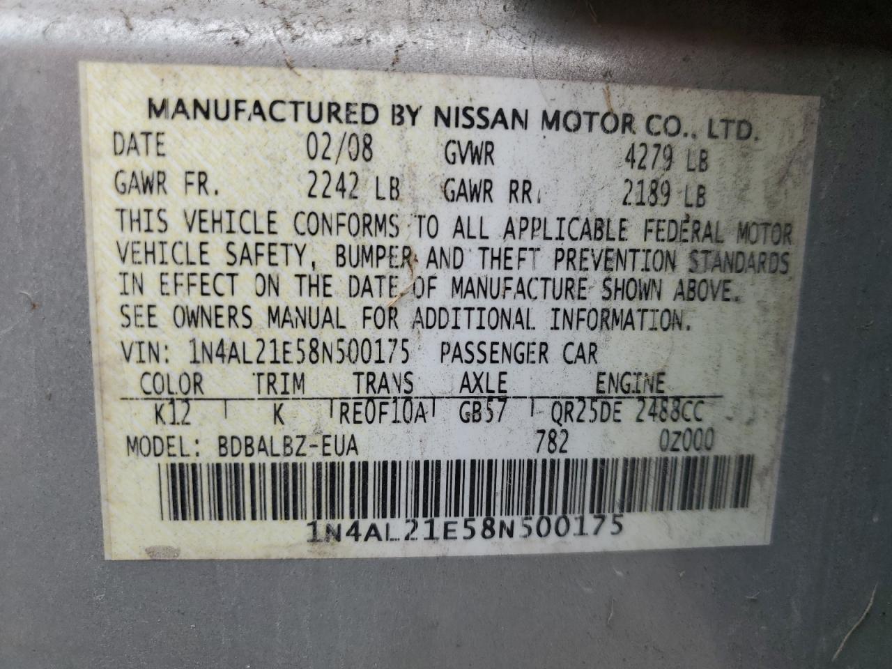 1N4AL21E58N500175 2008 Nissan Altima 2.5