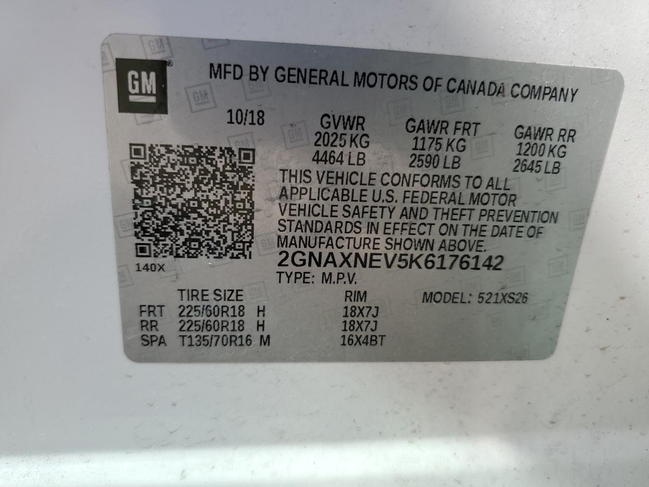 2GNAXNEV5K6176142 2019 Chevrolet Equinox Premier