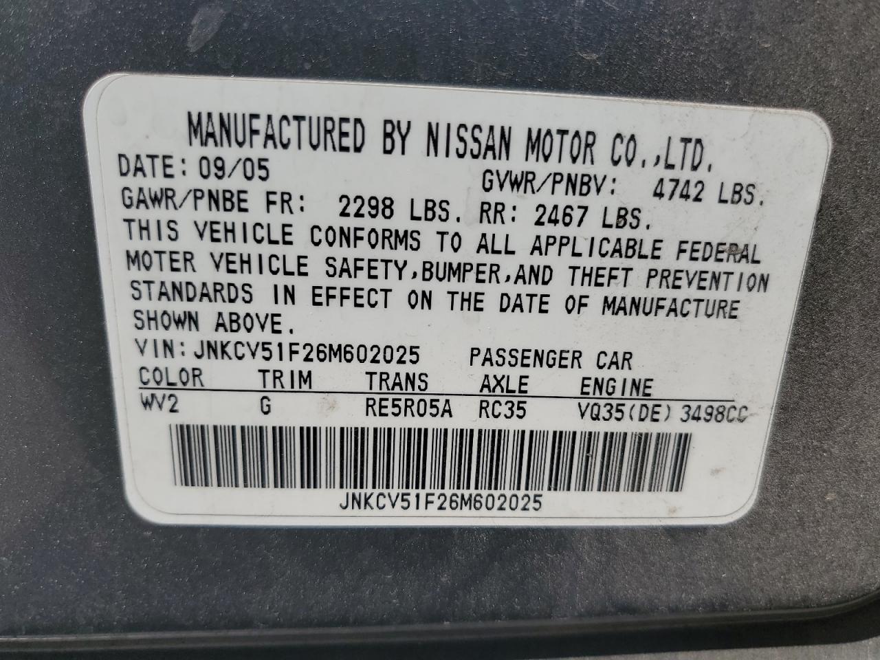 JNKCV51F26M602025 2006 Infiniti G35