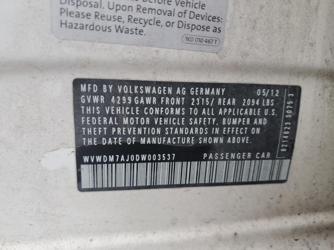 2013 Volkswagen Golf VIN: WVWDM7AJ0DW003537 Lot: 73091244