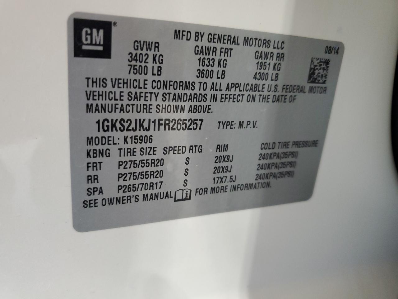 1GKS2JKJ1FR265257 2015 GMC Yukon Xl Denali