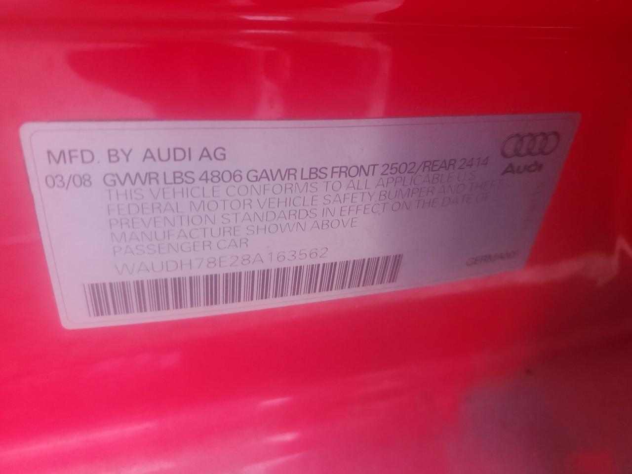 WAUDH78E28A163562 2008 Audi A4 3.2 Quattro