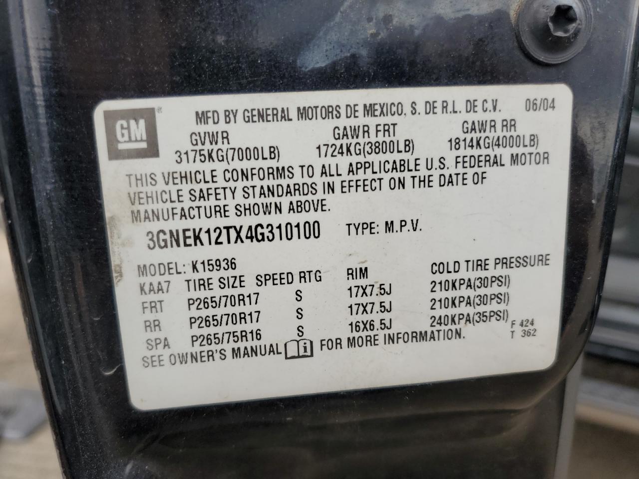 3GNEK12TX4G310100 2004 Chevrolet Avalanche K1500