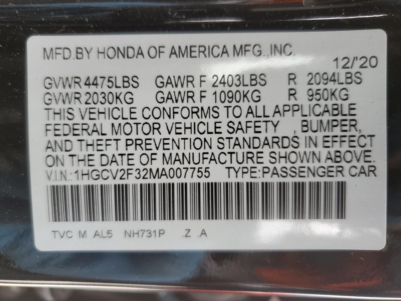 1HGCV2F32MA007755 2021 Honda Accord Sport