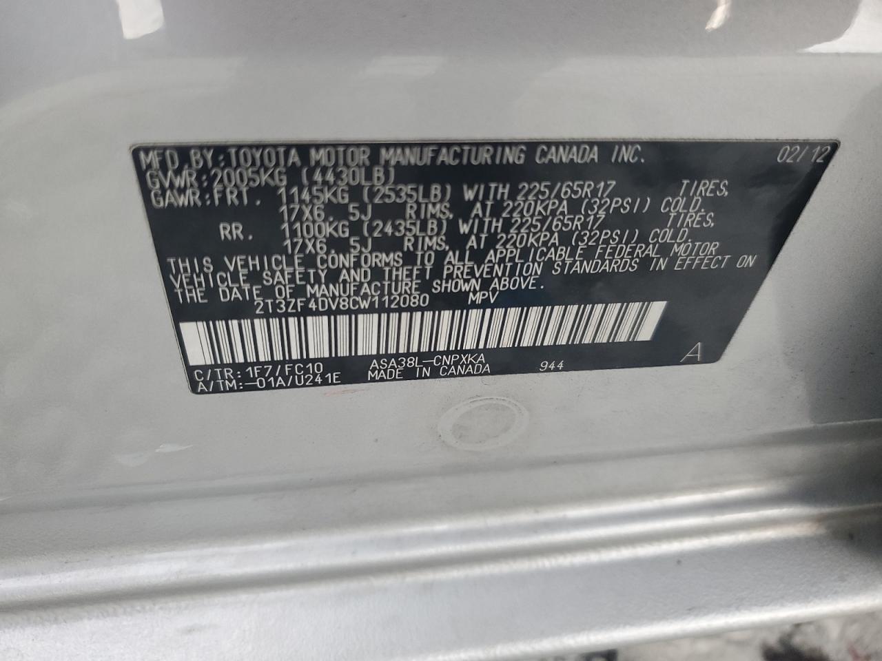 2T3ZF4DV8CW112080 2012 Toyota Rav4