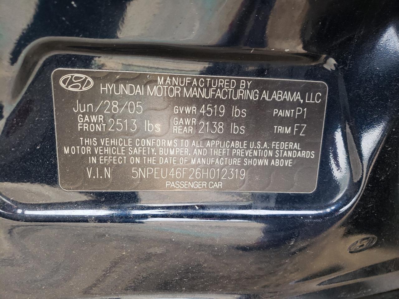 5NPEU46F26H012319 2006 Hyundai Sonata Gls