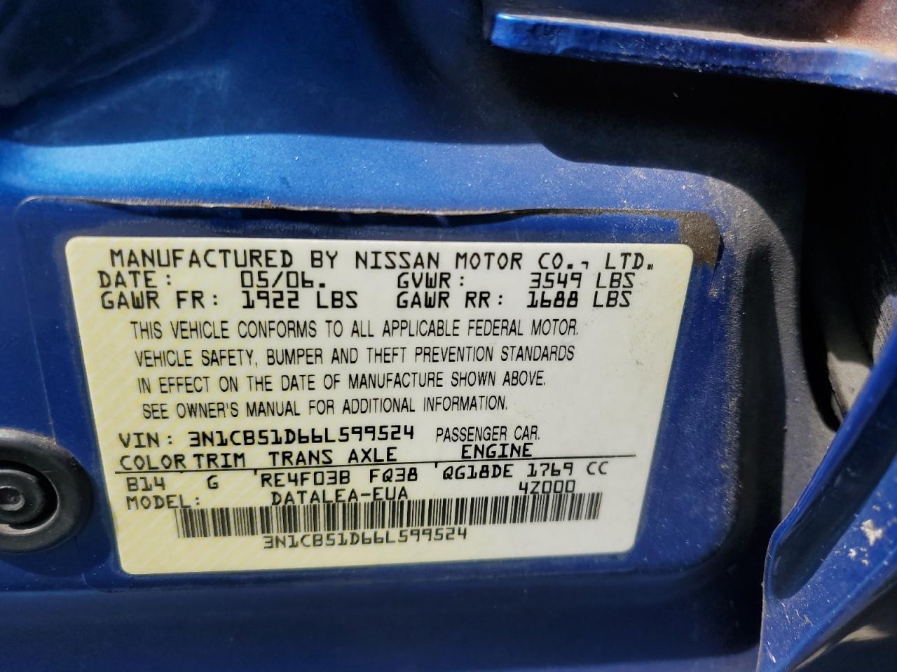 3N1CB51D66L599524 2006 Nissan Sentra 1.8