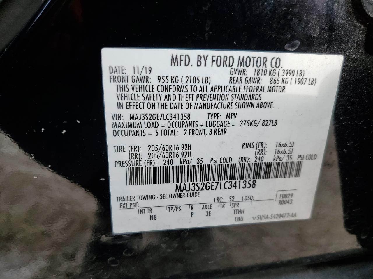 MAJ3S2GE7LC341358 2020 Ford Ecosport Se