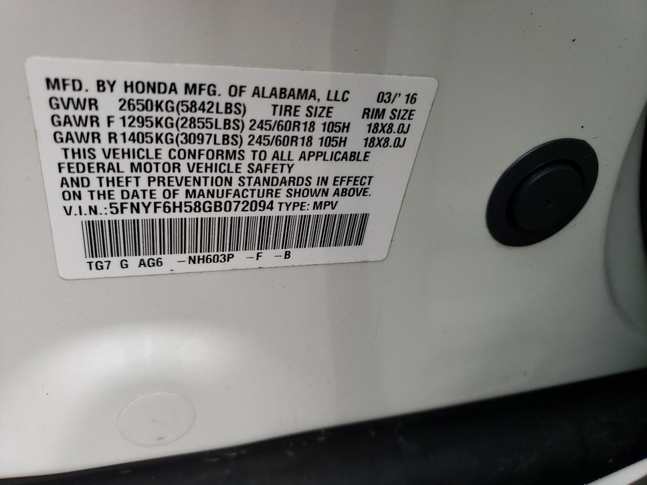 5FNYF6H58GB072094 2016 HONDA PILOT - Image 14