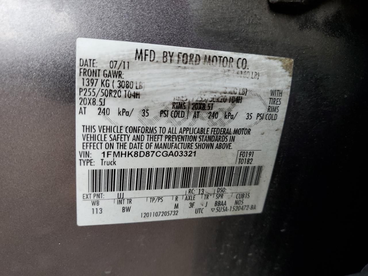 2012 Ford Explorer Xlt VIN: 1FMHK8D87CGA03321 Lot: 73636984