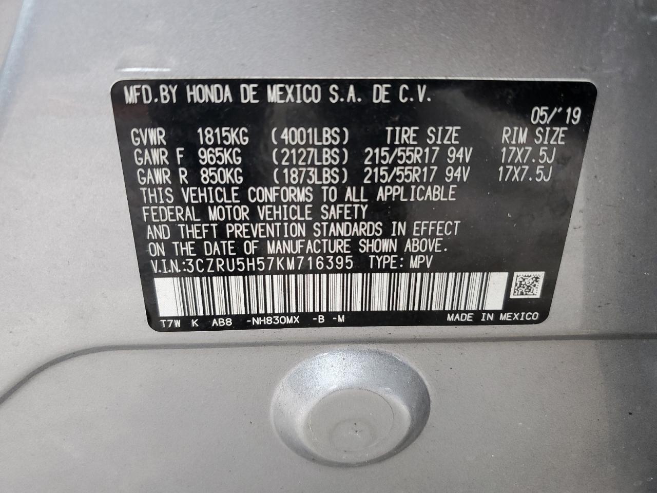 3CZRU5H57KM716395 2019 Honda Hr-V Ex