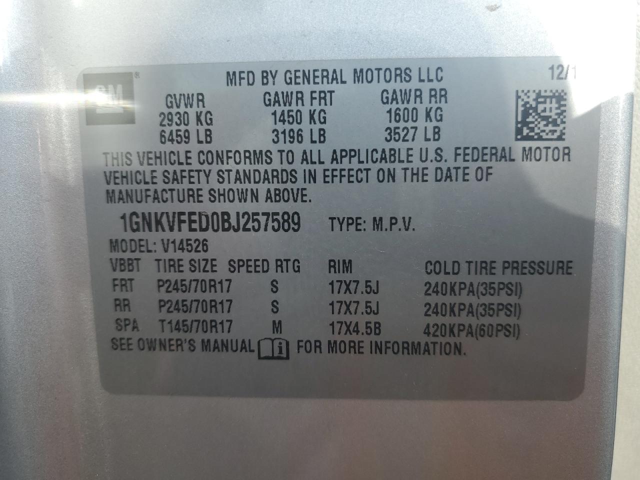 2011 Chevrolet Traverse Ls VIN: 1GNKVFED0BJ257589 Lot: 69471164