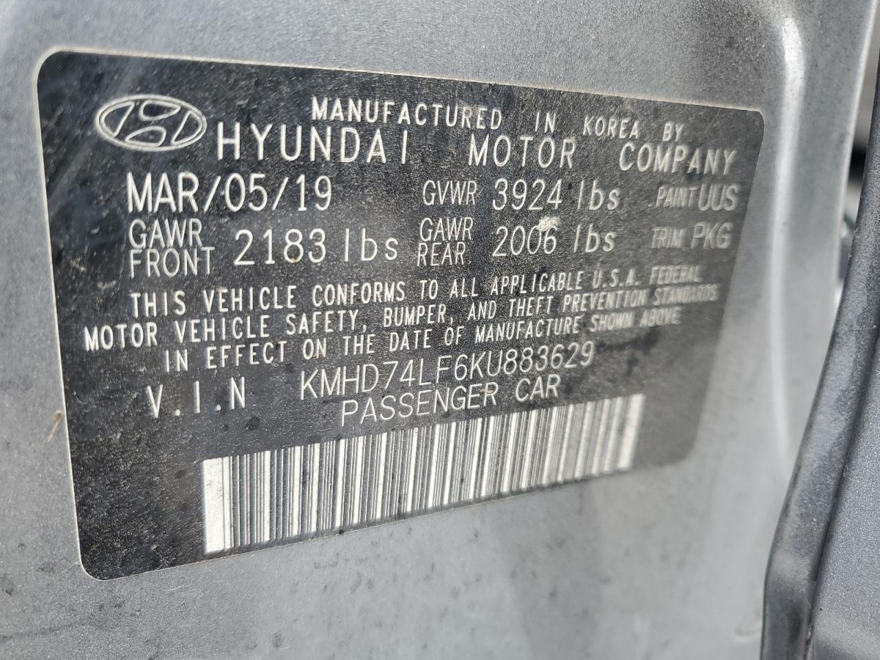 KMHD74LF6KU883629 2019 Hyundai Elantra Se