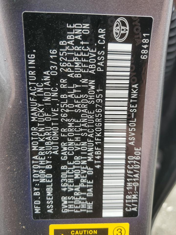 4T4BF1FK0GR567951 2016 Toyota Camry Le