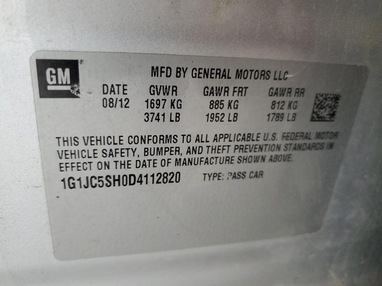 2013 Chevrolet Sonic Lt VIN: 1G1JC5SH0D4112820 Lot: 72023404