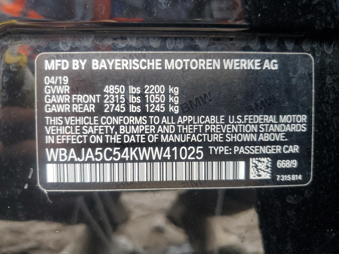 WBAJA5C54KWW41025 2019 BMW 530 I