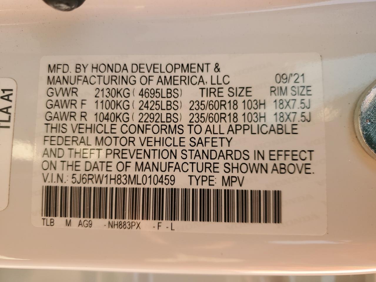 2021 Honda Cr-V Exl VIN: 5J6RW1H83ML010459 Lot: 70886374