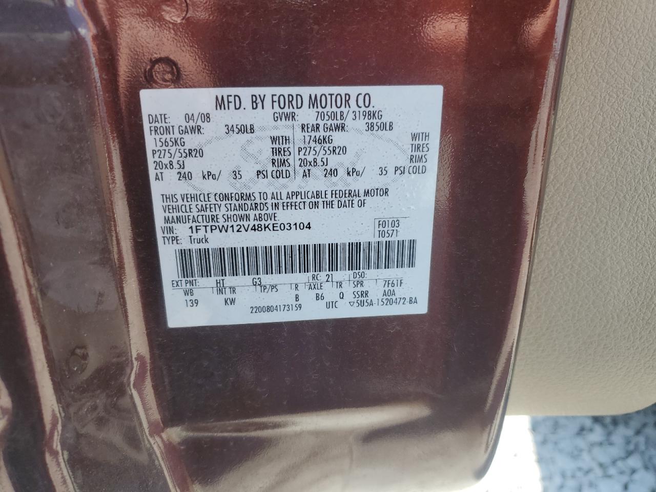 2008 Ford F150 Supercrew VIN: 1FTPW12V48KE03104 Lot: 72473584