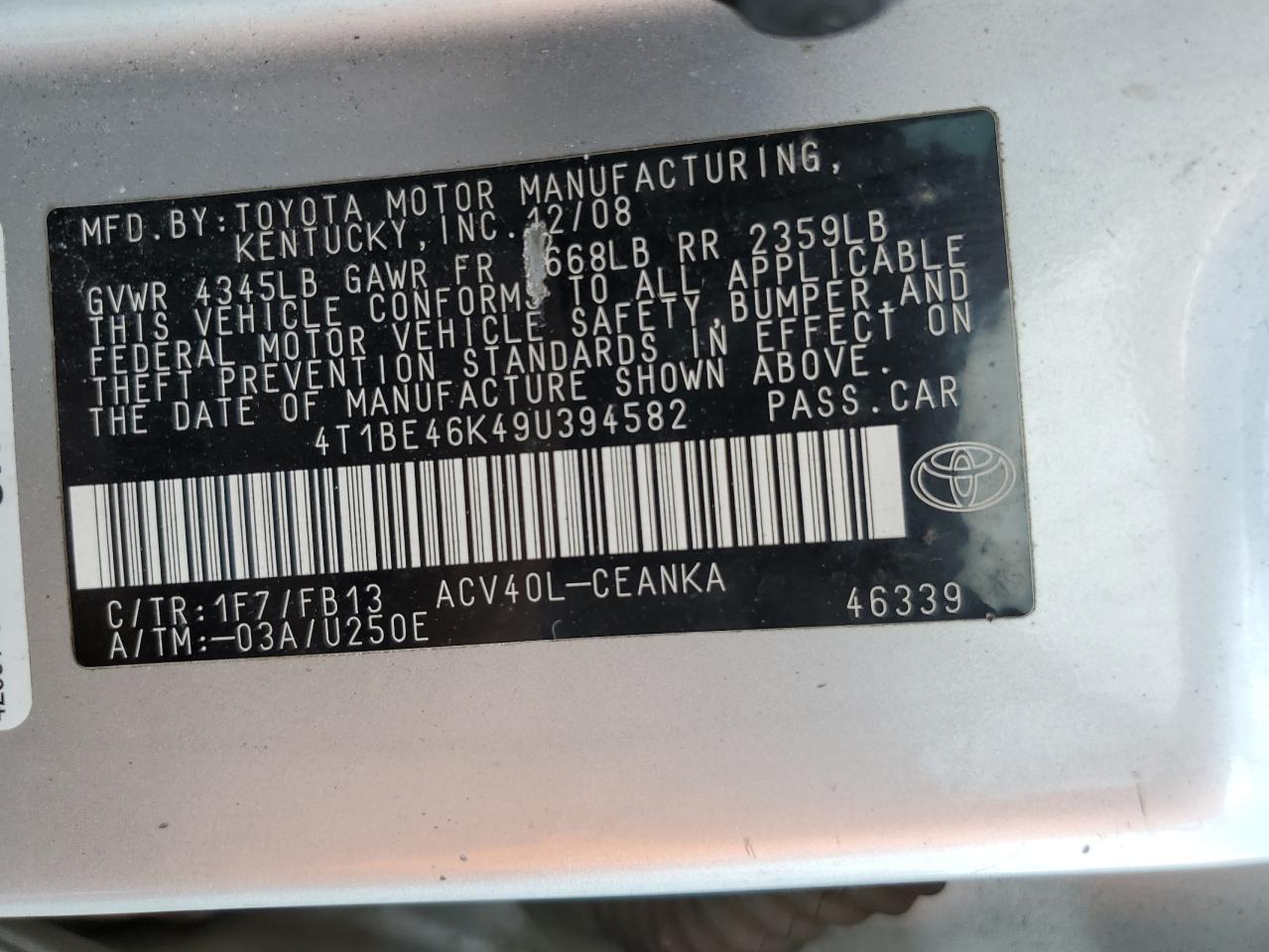 4T1BE46K49U394582 2009 Toyota Camry Base