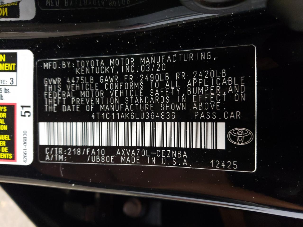 4T1C11AK6LU364836 2020 Toyota Camry Le