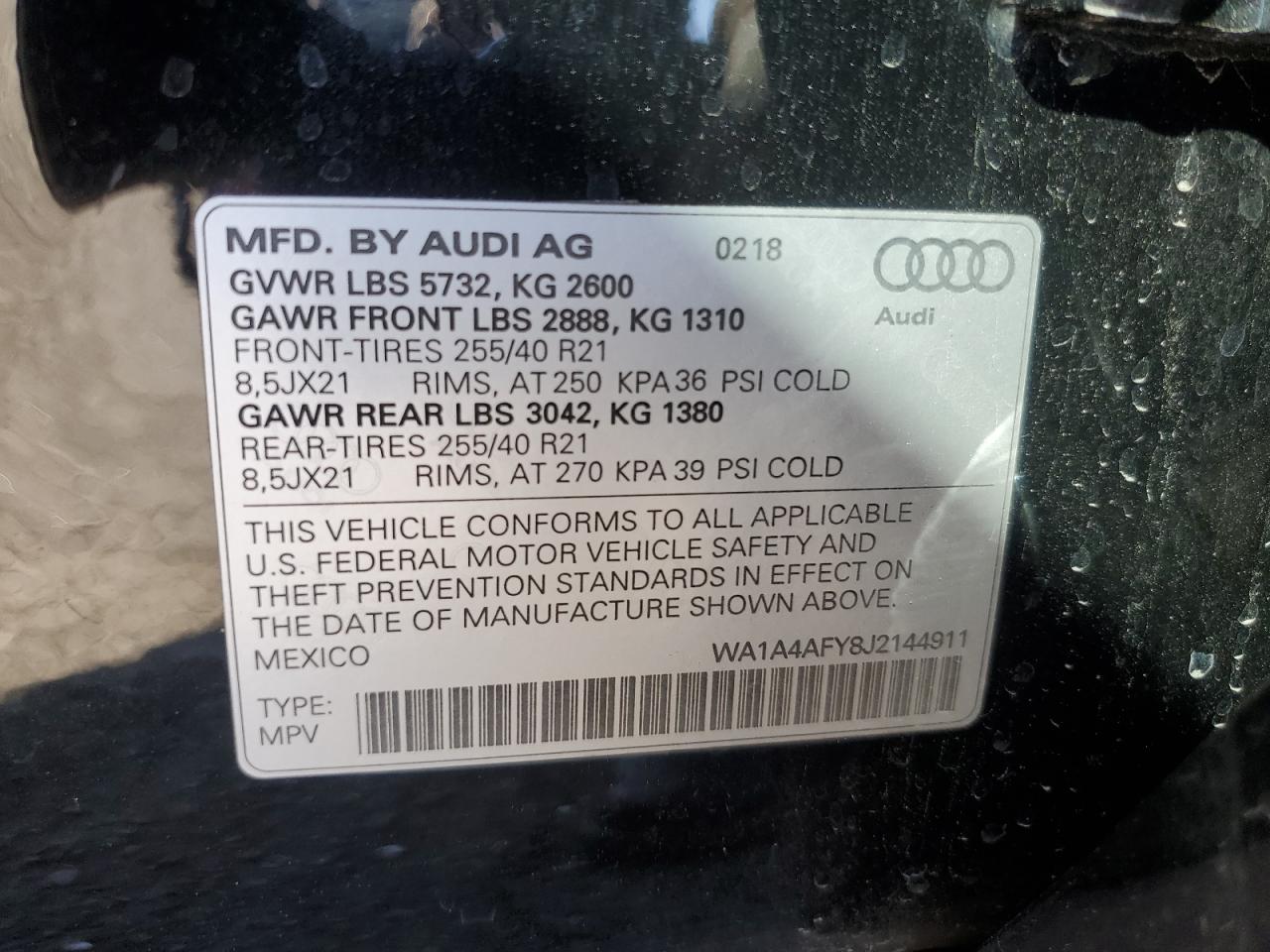 2018 Audi Sq5 Premium Plus VIN: WA1A4AFY8J2144911 Lot: 70267464