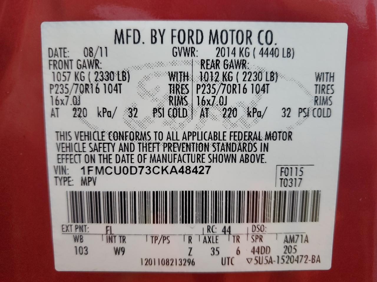 1FMCU0D73CKA48427 2012 Ford Escape Xlt