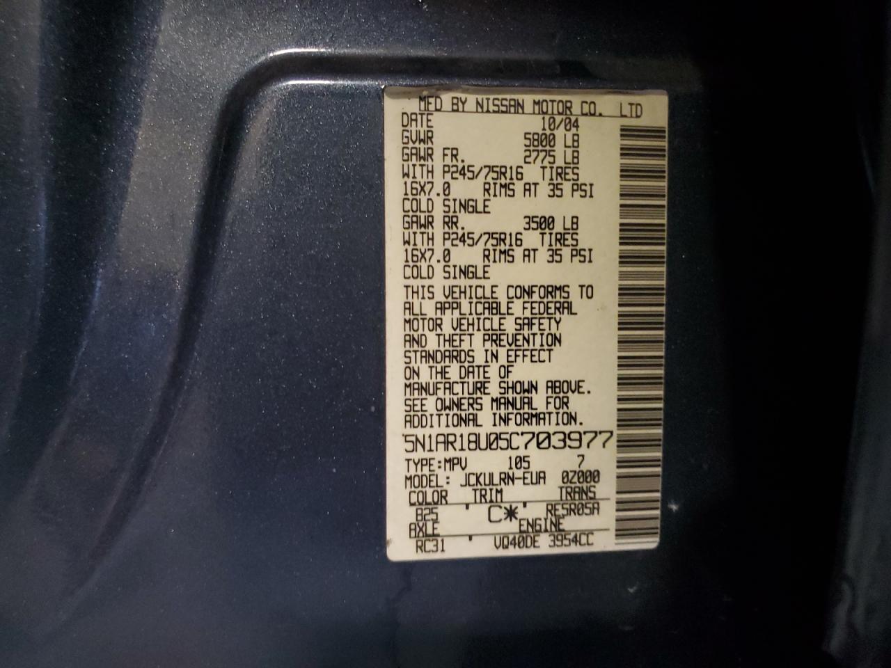 2005 Nissan Pathfinder Le VIN: 5N1AR18U05C703977 Lot: 73003684