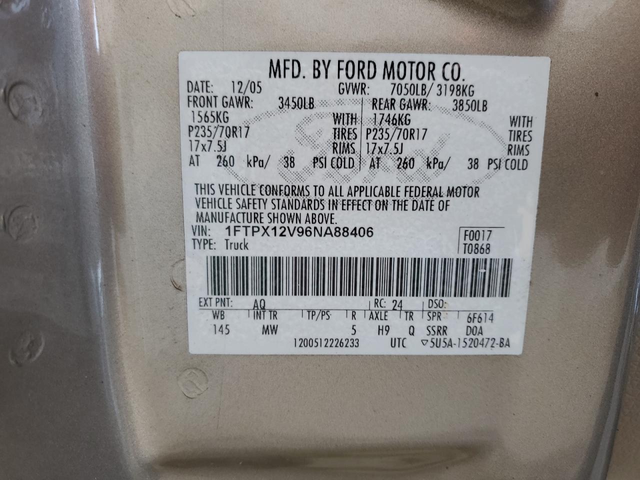 1FTPX12V96NA88406 2006 Ford F150