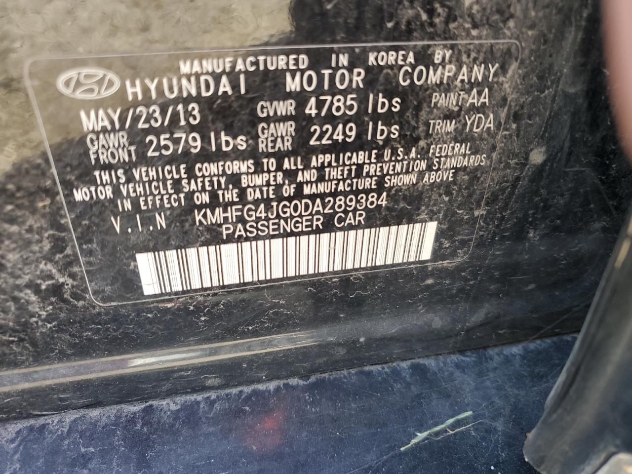 2013 Hyundai Azera VIN: KMHFG4JG0DA289384 Lot: 70318184