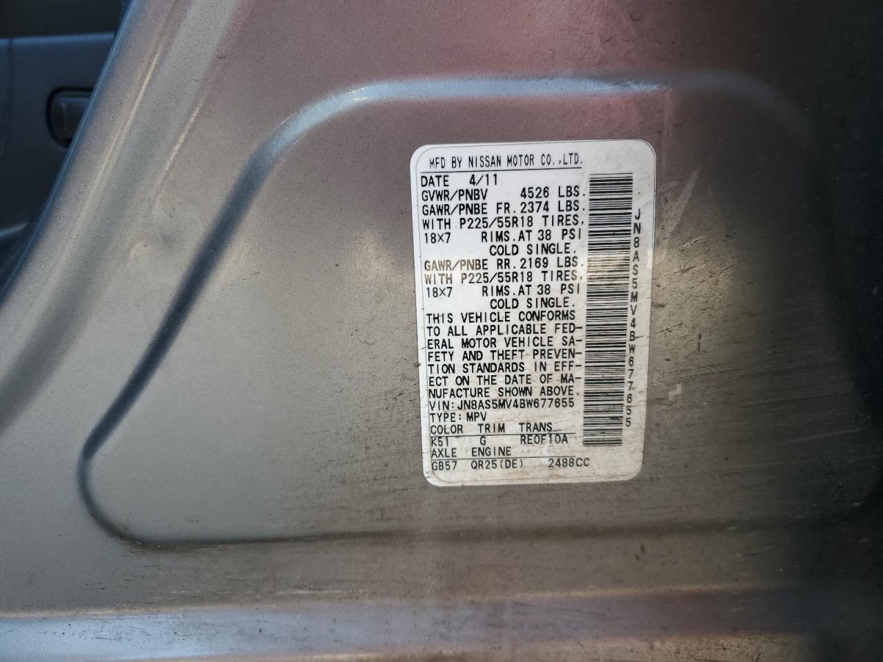 2011 Nissan Rogue S VIN: JN8AS5MV4BW677655 Lot: 72162894