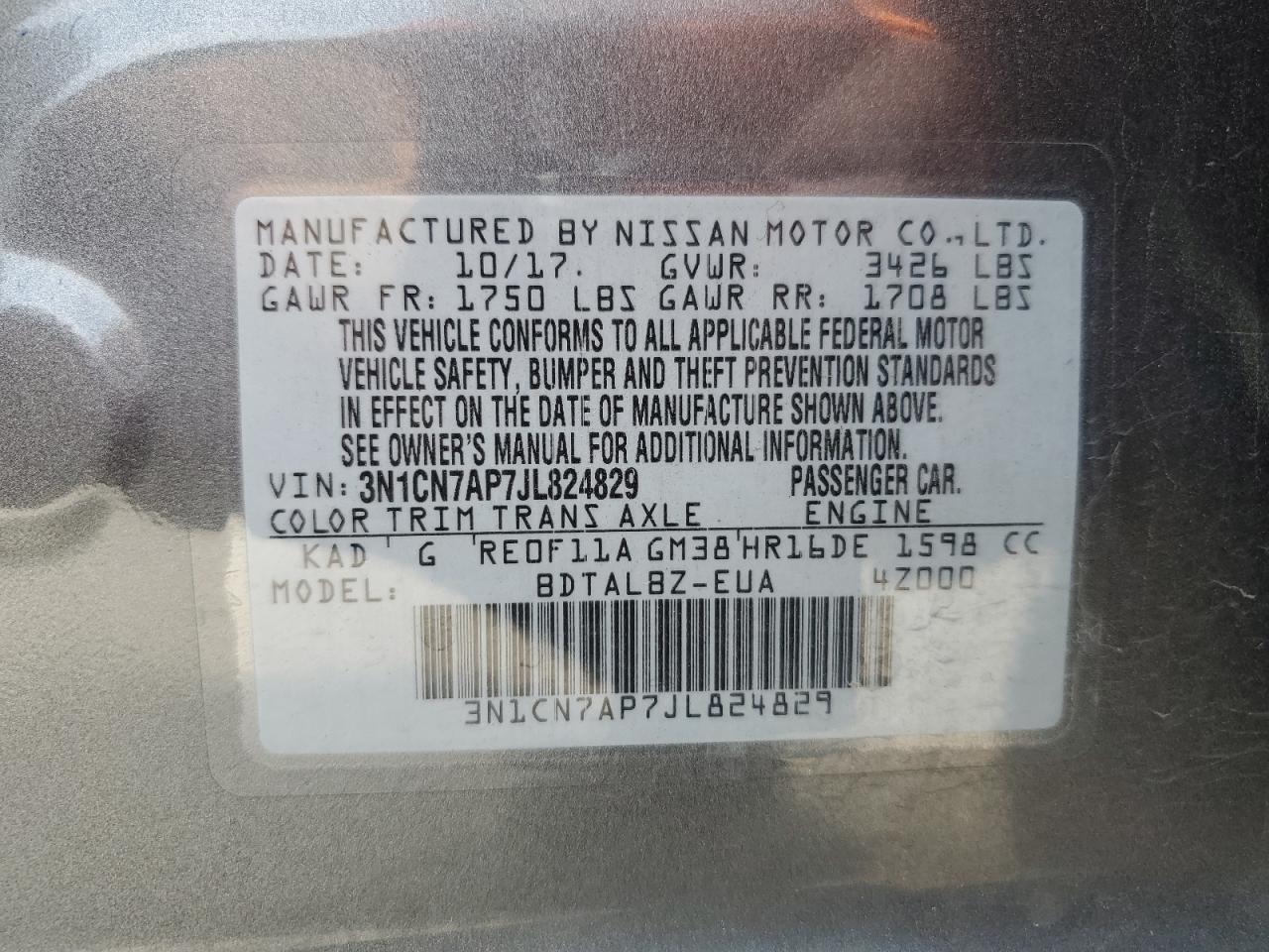 3N1CN7AP7JL824829 2018 Nissan Versa S