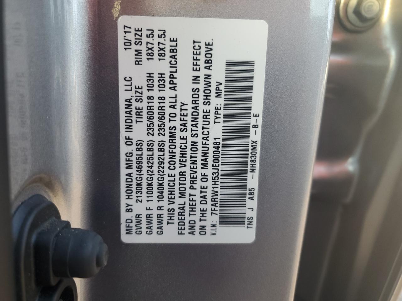 7FARW1H53JE000481 2018 Honda Cr-V Ex